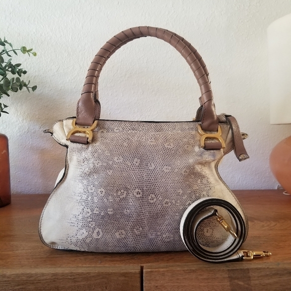 Chloe Marcie Medium Lizard Embossed Satchel Handbag Crossbody Bag - Picture 5 of 17